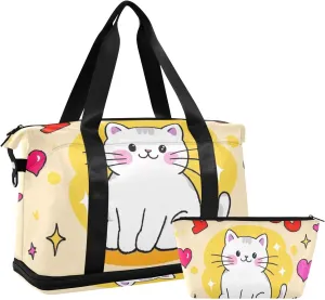 I Miss You Cartoon Cute White Cat Large Travel Duffel Luggage Weekend Bag with Adjustable Strap for Business Trips Waterproof