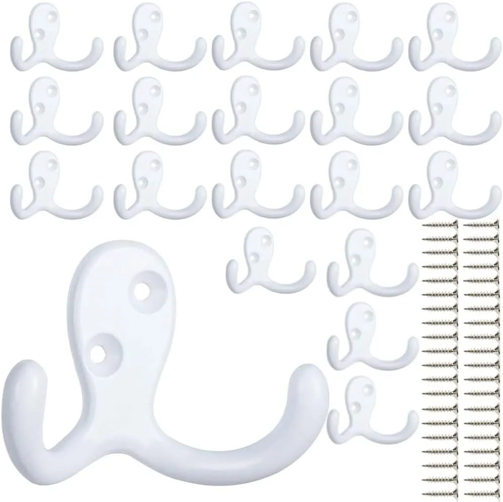 IBosins 20 Pack Heavy Duty Coat Hooks Wall Mounted with 40 Screws Wall Hooks Retro Double Prong Hooks Utility Hooks for Coat, Scarf, Bag, Towel, Key, Cap, Cup, Hat