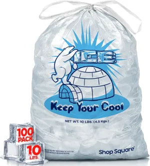 Ice Bags 10 lb with Drawstring - 100 Pack Heavy-Duty Bags for Ice Machine, Reusable, Storage for Freezers