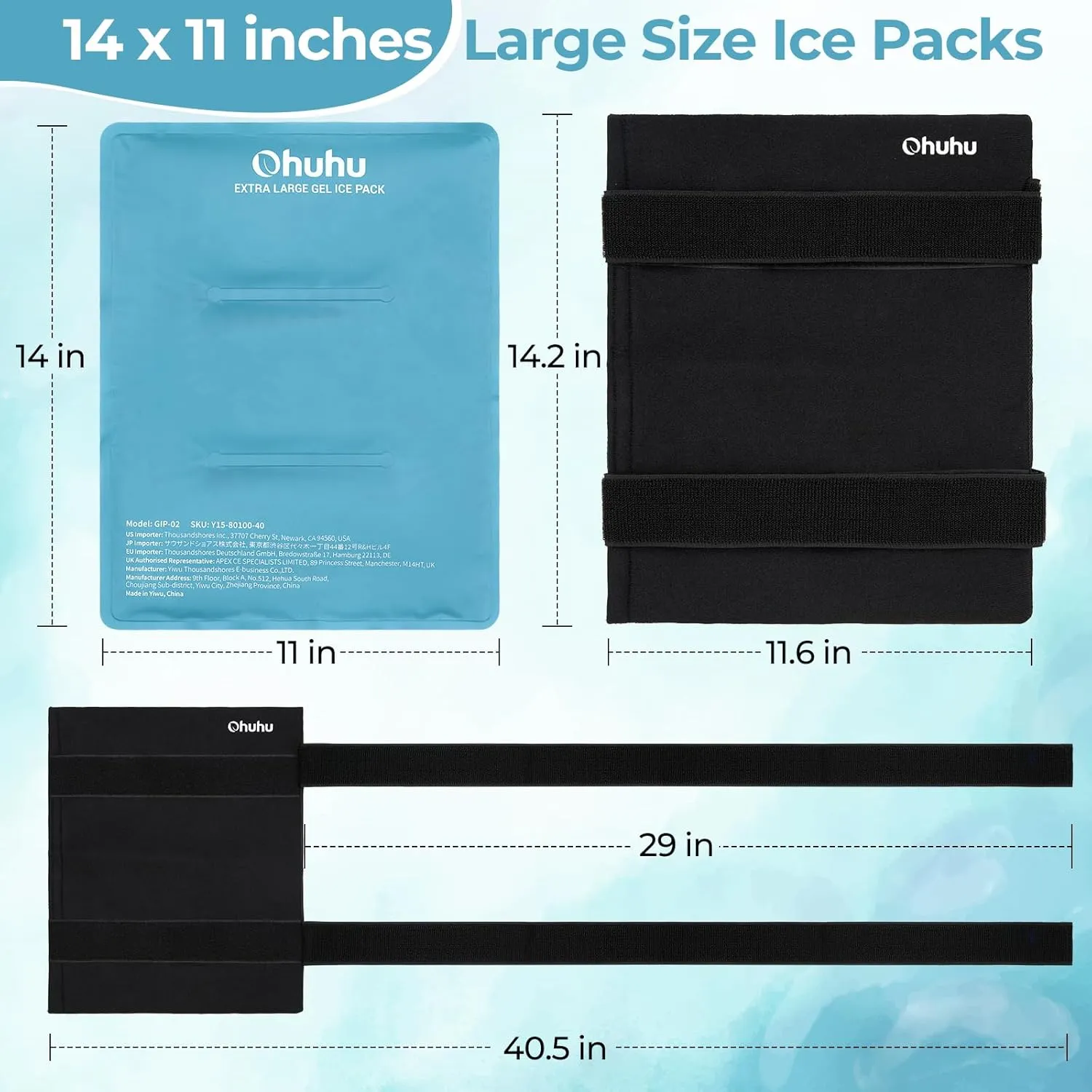 Ice Packs for Injuries 14" X 11": Ohuhu 2 Pack Hot Cold Gel Ice Pack X-Large Reusable Ice Packs with Wrap Flexible Pain Relief for Shoulder Legs Knee Back Hip Aches Injury Muscle Pain-Light Blue