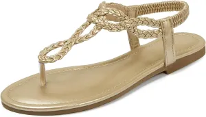 iCKER Women Rhinestone Sandals T-Strap Buckle Bohemian Pearl Crystal Flat Sandals