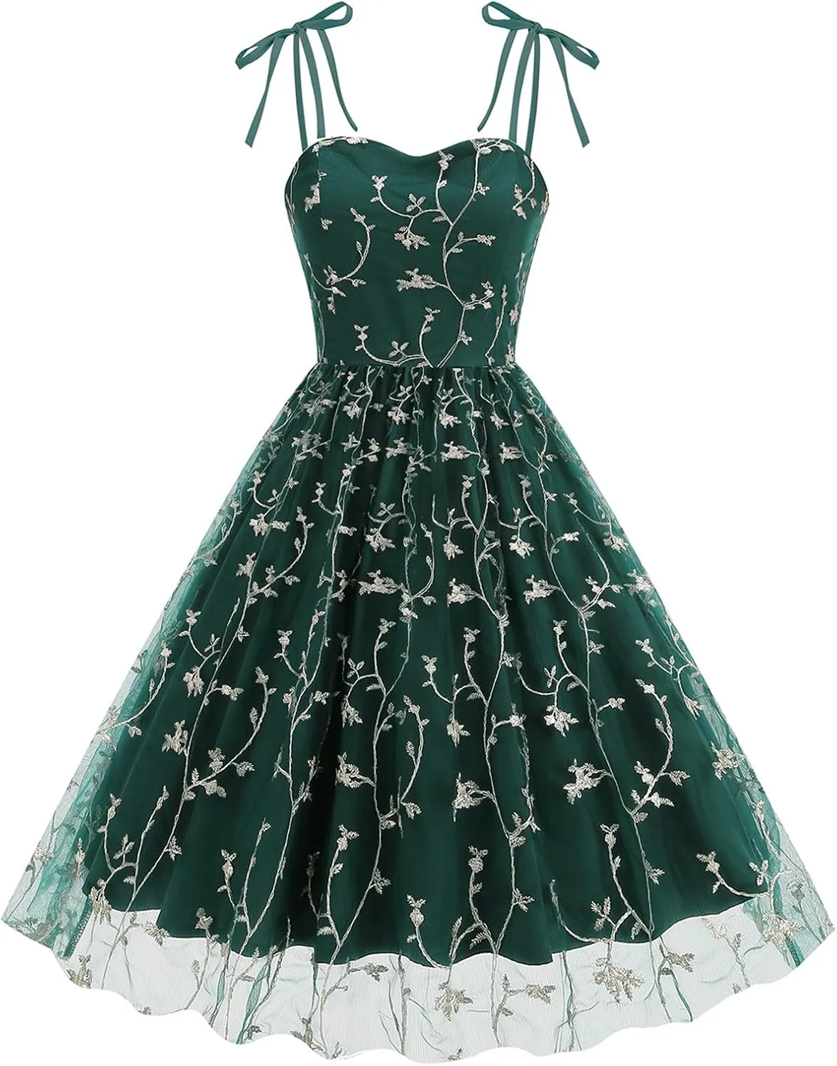 IMEKIS Women Square Neck Tie Strap Tulle Prom Dress Vintage Embroidered Floral Formal Evening Party Cocktail Dress