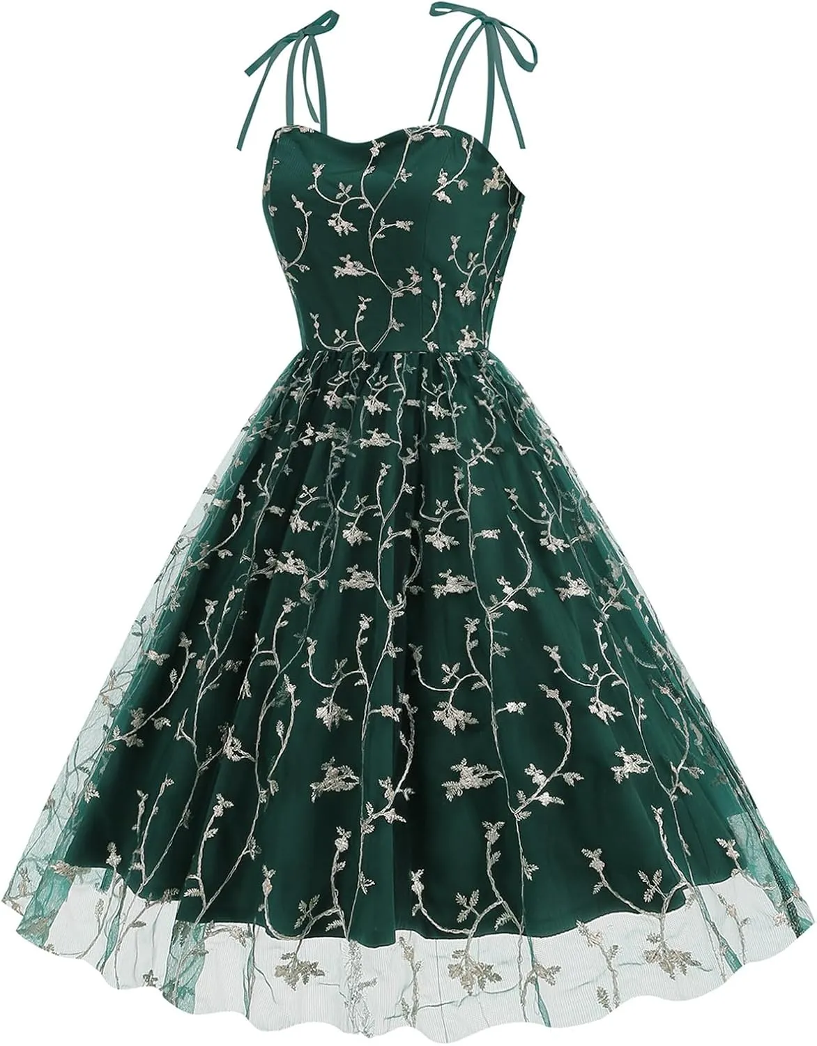IMEKIS Women Square Neck Tie Strap Tulle Prom Dress Vintage Embroidered Floral Formal Evening Party Cocktail Dress