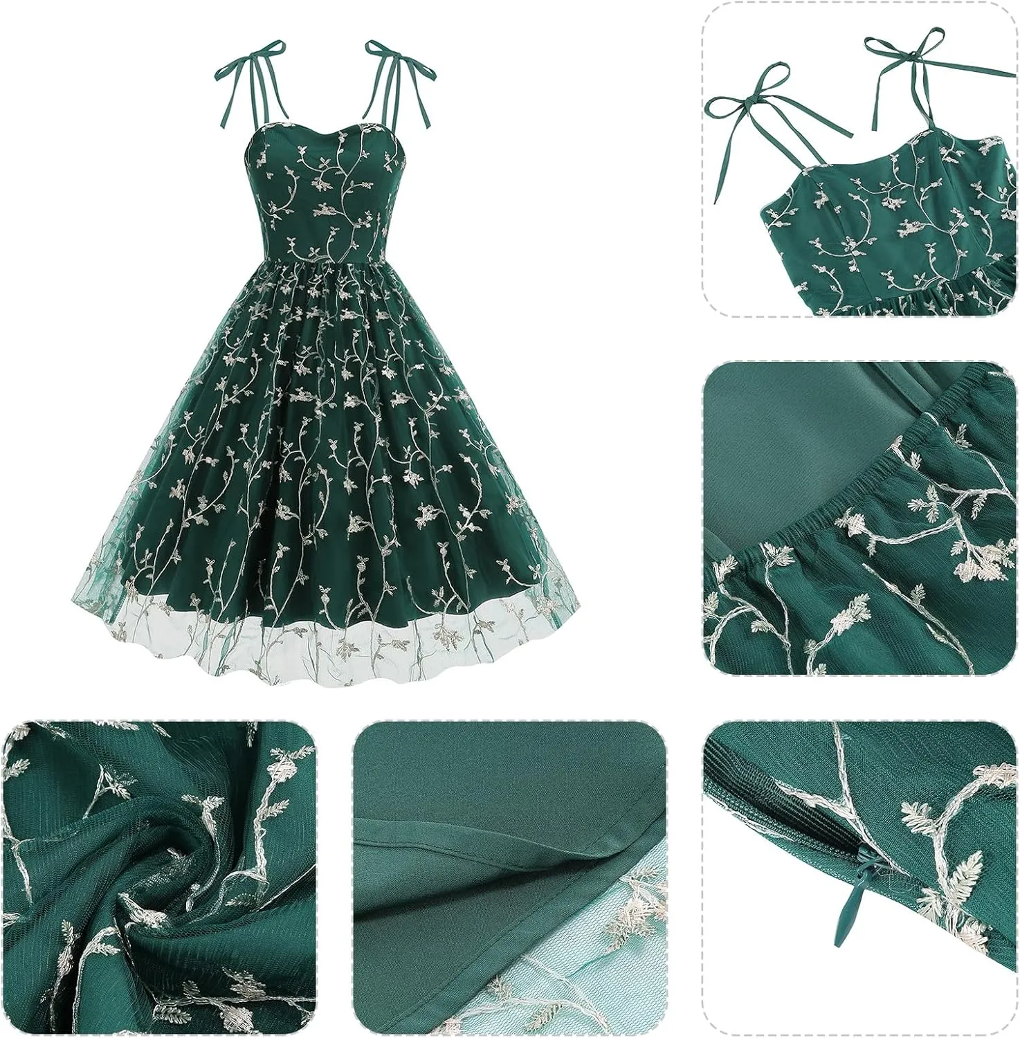 IMEKIS Women Square Neck Tie Strap Tulle Prom Dress Vintage Embroidered Floral Formal Evening Party Cocktail Dress