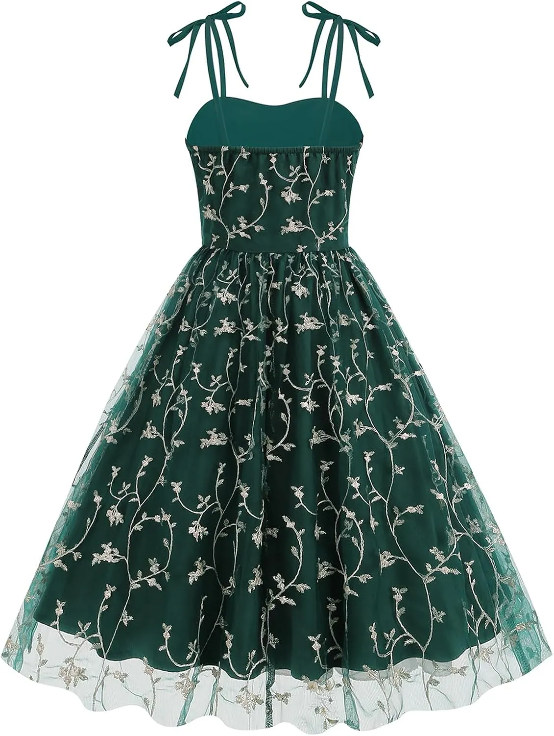 IMEKIS Women Square Neck Tie Strap Tulle Prom Dress Vintage Embroidered Floral Formal Evening Party Cocktail Dress
