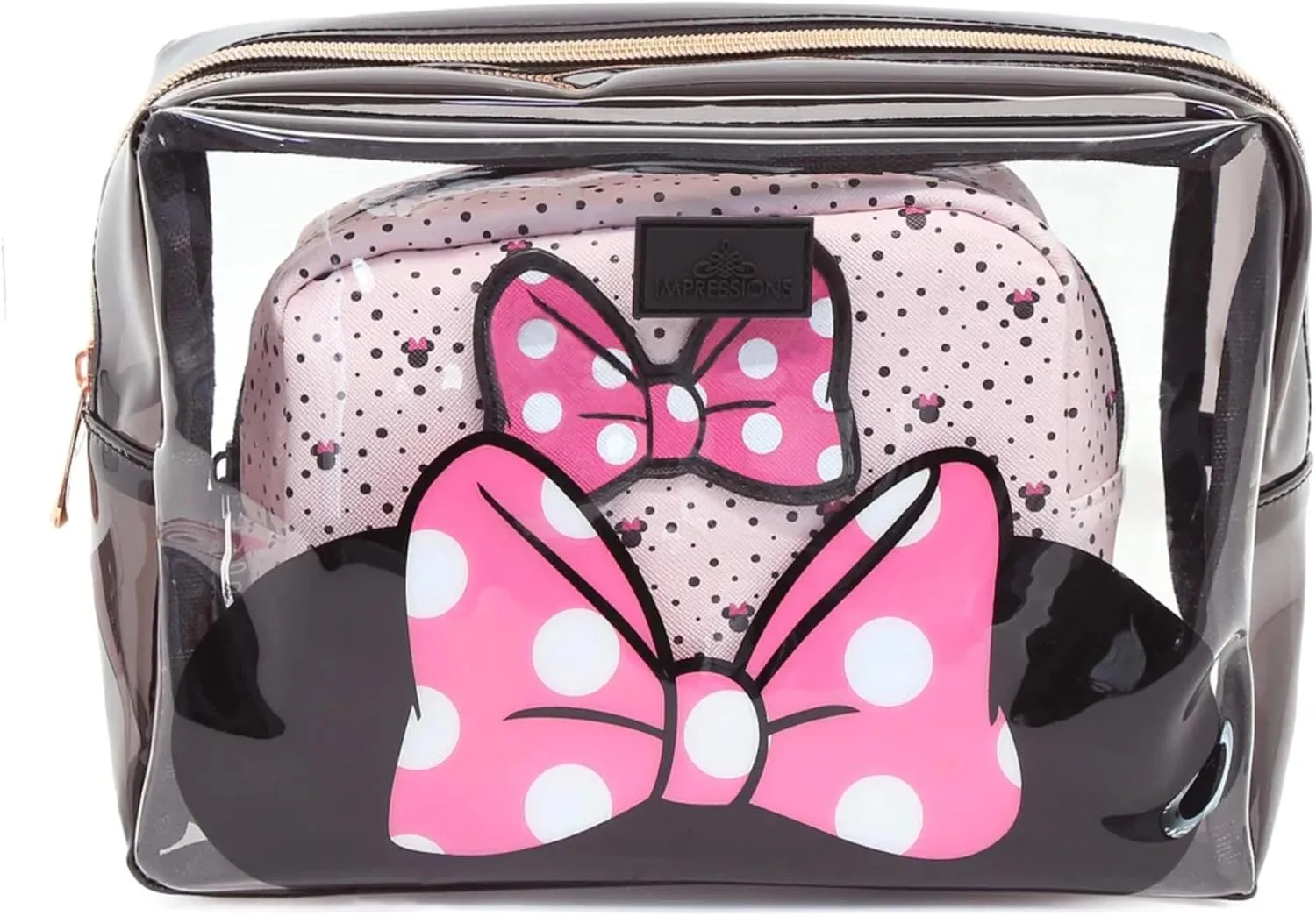 Impressions Vanity Disney Minnie Mouse 2 PCs Clutch Purses, Water Resistant Zippered Travel Makeup Clutch Bag Set for Holding Makeup Brush, Cosmetic, Toiletry, Skincare and Jewelry Accessories