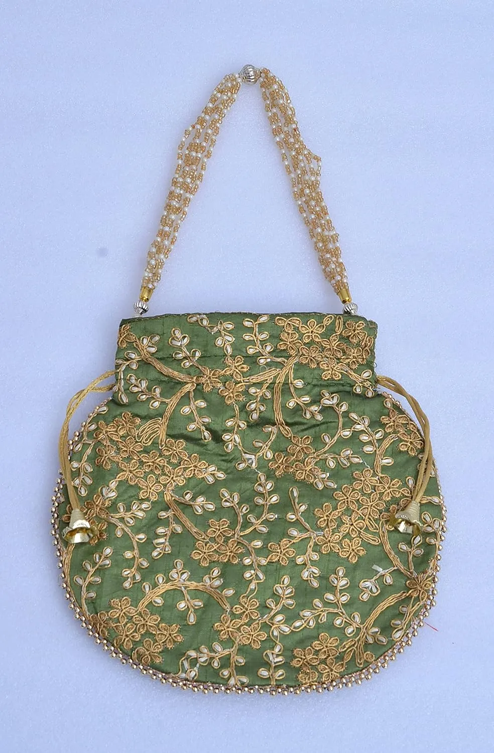 Indian Ethnic Designer Embroidered Silk Potli Bag Batwa Pearls Handle Purse Clutch Purse for Women