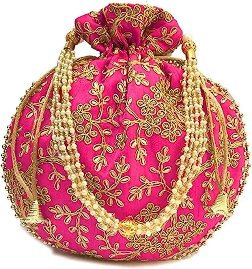 Indian Ethnic Designer Embroidered Silk Potli Bag Batwa Pearls Handle Purse Clutch Purse for Women
