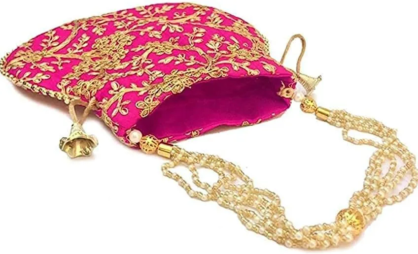 Indian Ethnic Designer Embroidered Silk Potli Bag Batwa Pearls Handle Purse Clutch Purse for Women