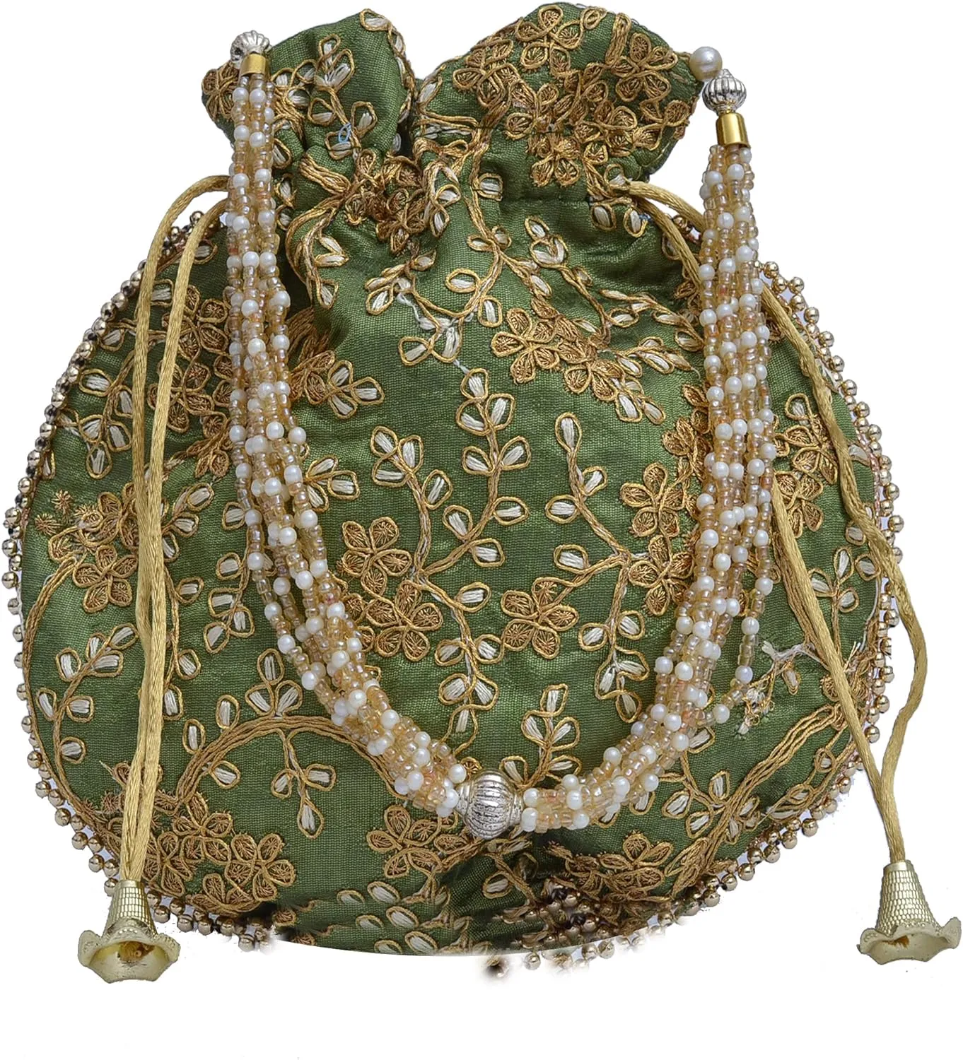 Indian Ethnic Designer Embroidered Silk Potli Bag Batwa Pearls Handle Purse Clutch Purse for Women