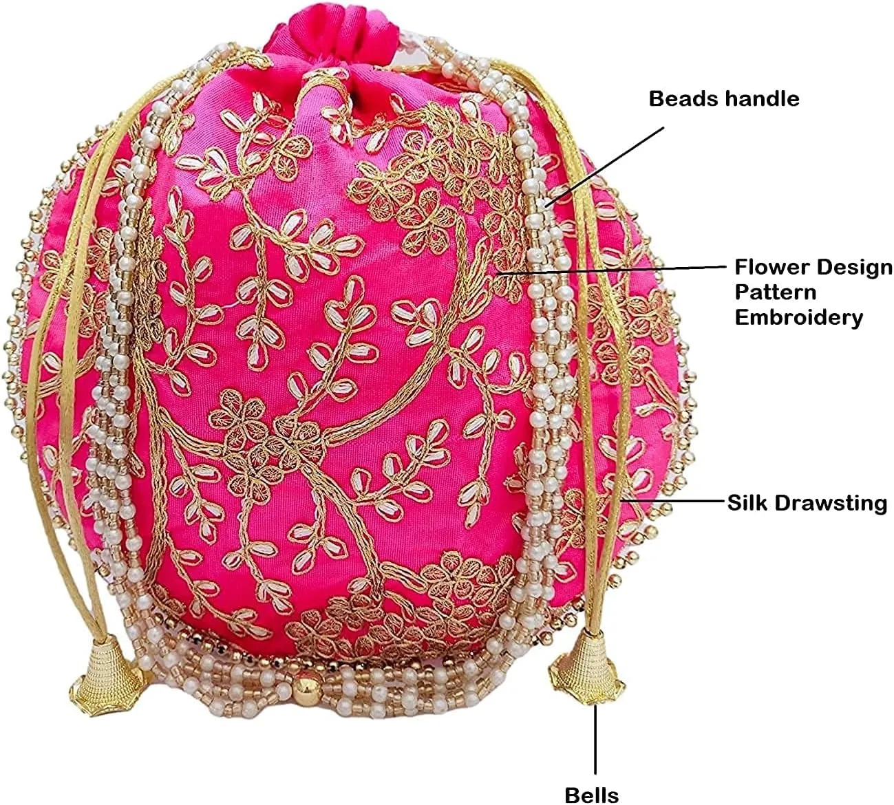 Indian Ethnic Designer Embroidered Silk Potli Bag Batwa Pearls Handle Purse Clutch Purse for Women