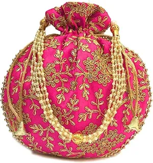 Indian Ethnic Designer Embroidered Silk Potli Bag Batwa Pearls Handle Purse Clutch Purse for Women