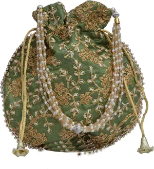 Indian Ethnic Designer Embroidered Silk Potli Bag Batwa Pearls Handle Purse Clutch Purse for Women