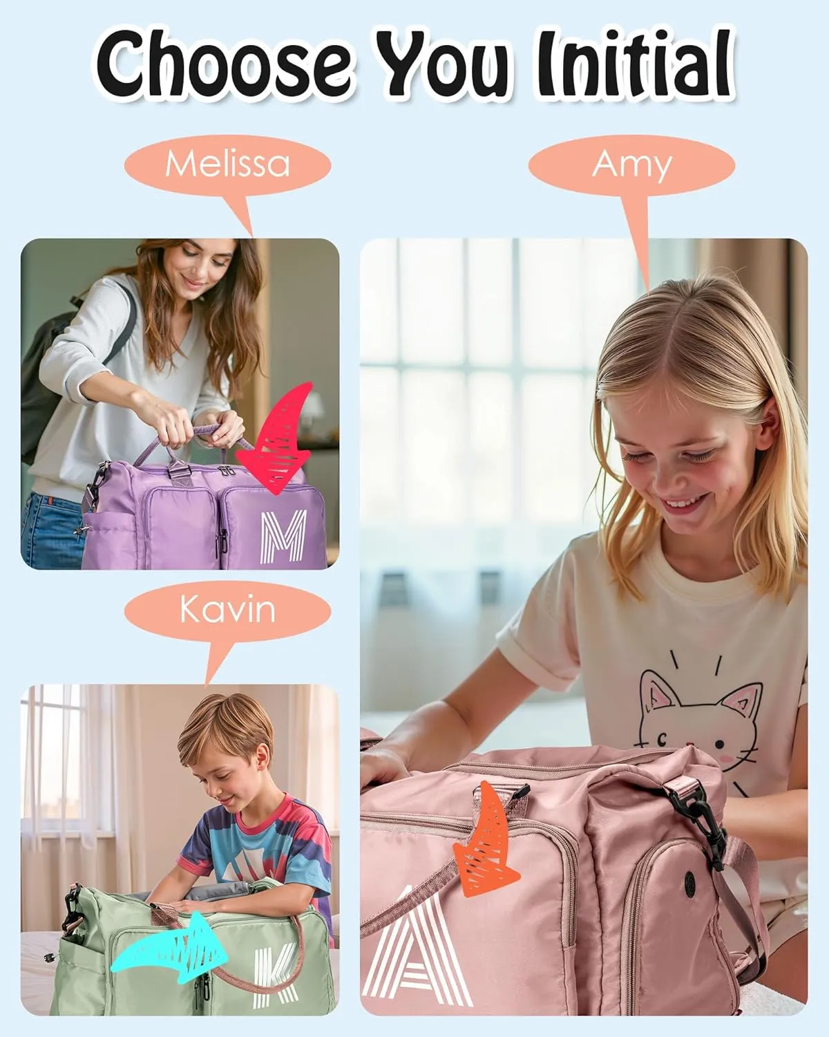Initial Travel Bag for Girls, Kids Travel Duffel Bag, Sports Bag, Personalized Weekender Bag with Shoes Compartment, Monogram Sleepover Bag, teacher gifts, bridal shower Gifts