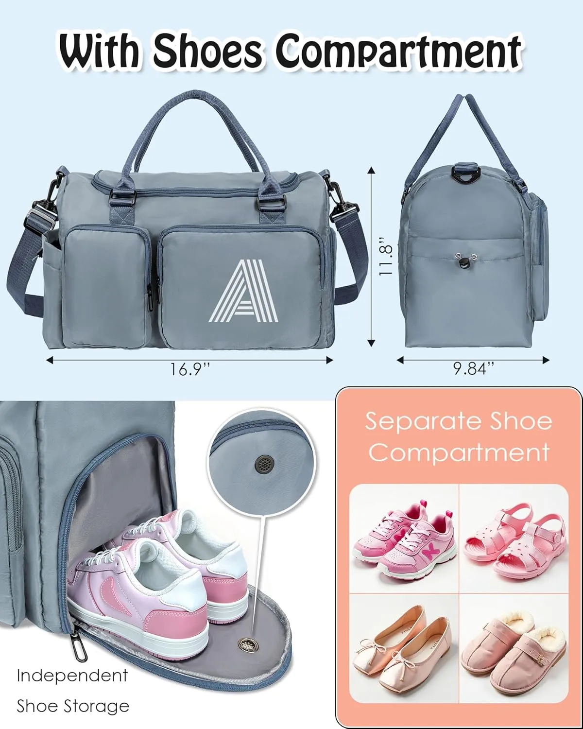 Initial Travel Bag for Girls, Kids Travel Duffel Bag, Sports Bag, Personalized Weekender Bag with Shoes Compartment, Monogram Sleepover Bag, teacher gifts, bridal shower Gifts