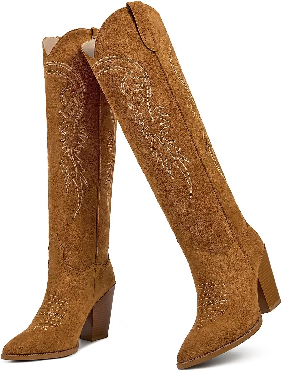 ISNOM Women's Cowgirl Boots Pull On Knee High Boots, Cowboy Western Embroidered Chunky Block Heel Pointed Toes Boots