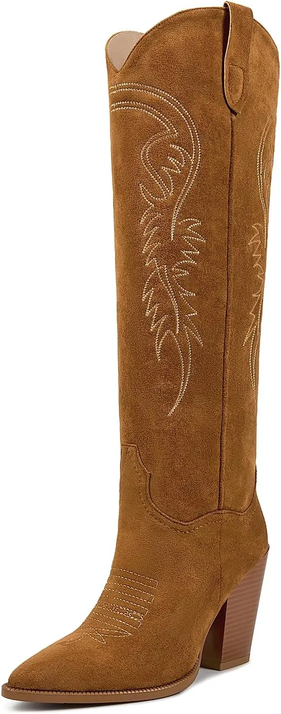 ISNOM Women's Cowgirl Boots Pull On Knee High Boots, Cowboy Western Embroidered Chunky Block Heel Pointed Toes Boots