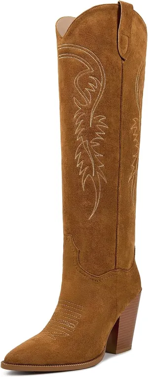 ISNOM Women's Cowgirl Boots Pull On Knee High Boots, Cowboy Western Embroidered Chunky Block Heel Pointed Toes Boots