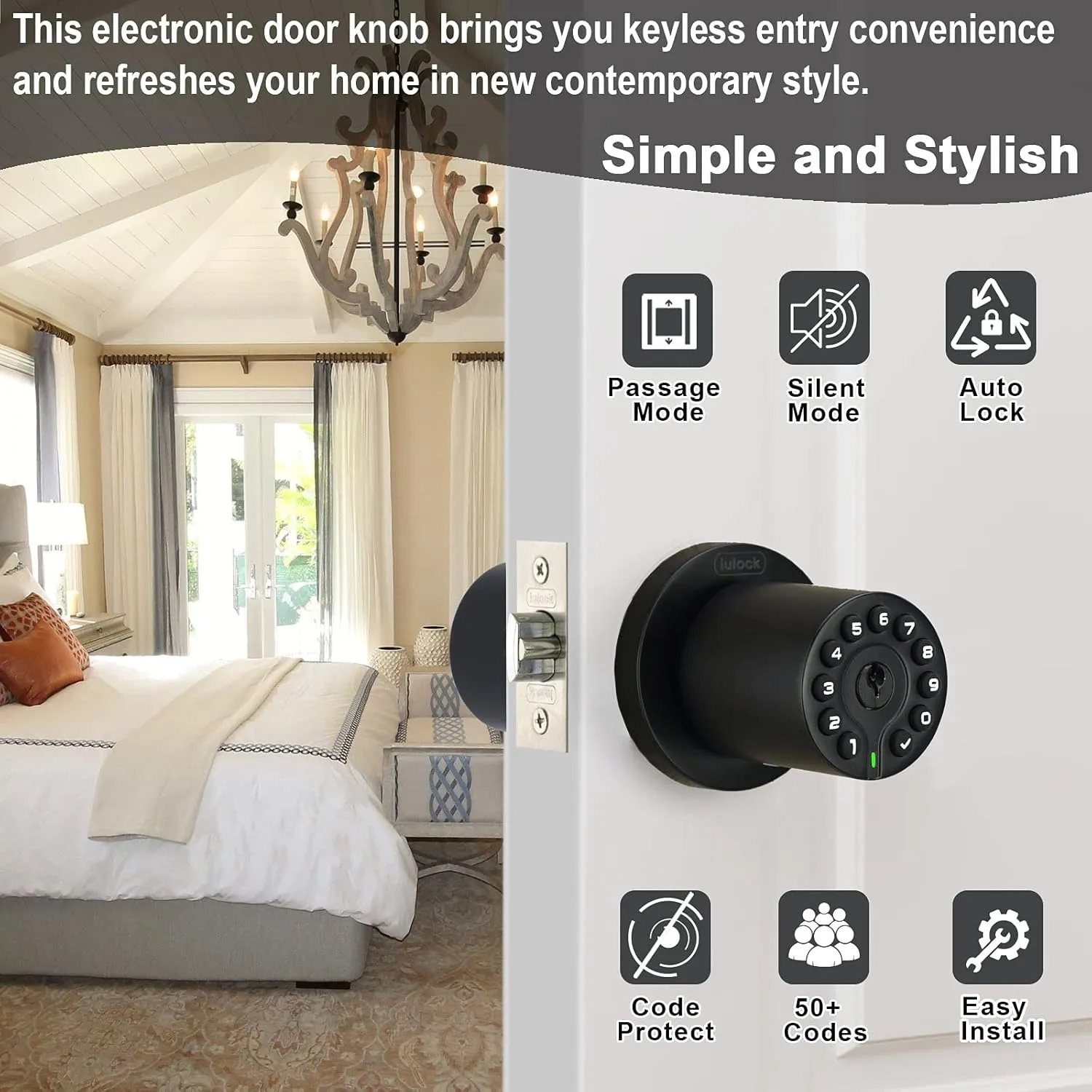IU-20 Code Door Lock, Electronic Door Knob with Keypad and Key, Auto Lock, Waterproof, Passage Function, Long Battery Life,50 Codes, Easy to use and Install for Office/Warehouse/Bedroom/Garage