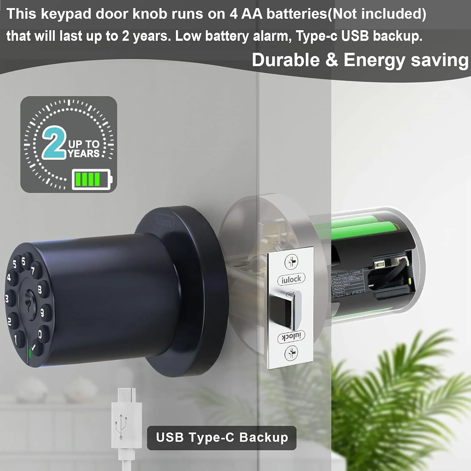 IU-20 Code Door Lock, Electronic Door Knob with Keypad and Key, Auto Lock, Waterproof, Passage Function, Long Battery Life,50 Codes, Easy to use and Install for Office/Warehouse/Bedroom/Garage