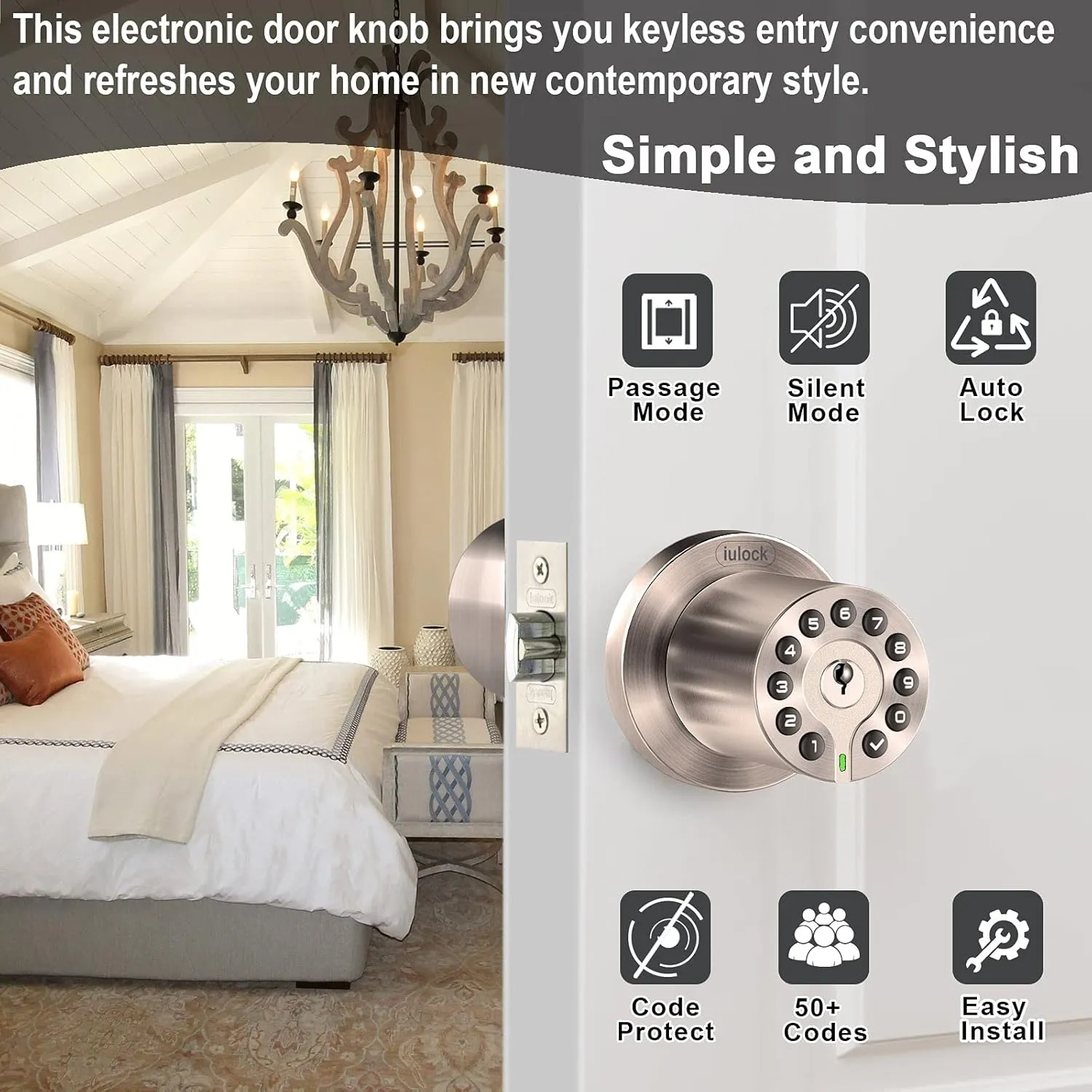 IU-20 Code Door Lock, Electronic Door Knob with Keypad and Same Key, Auto Lock, Waterproof, Passage Function, Long Battery Life, Easy to use and Install for Office/Warehouse/Bedroom/Garage