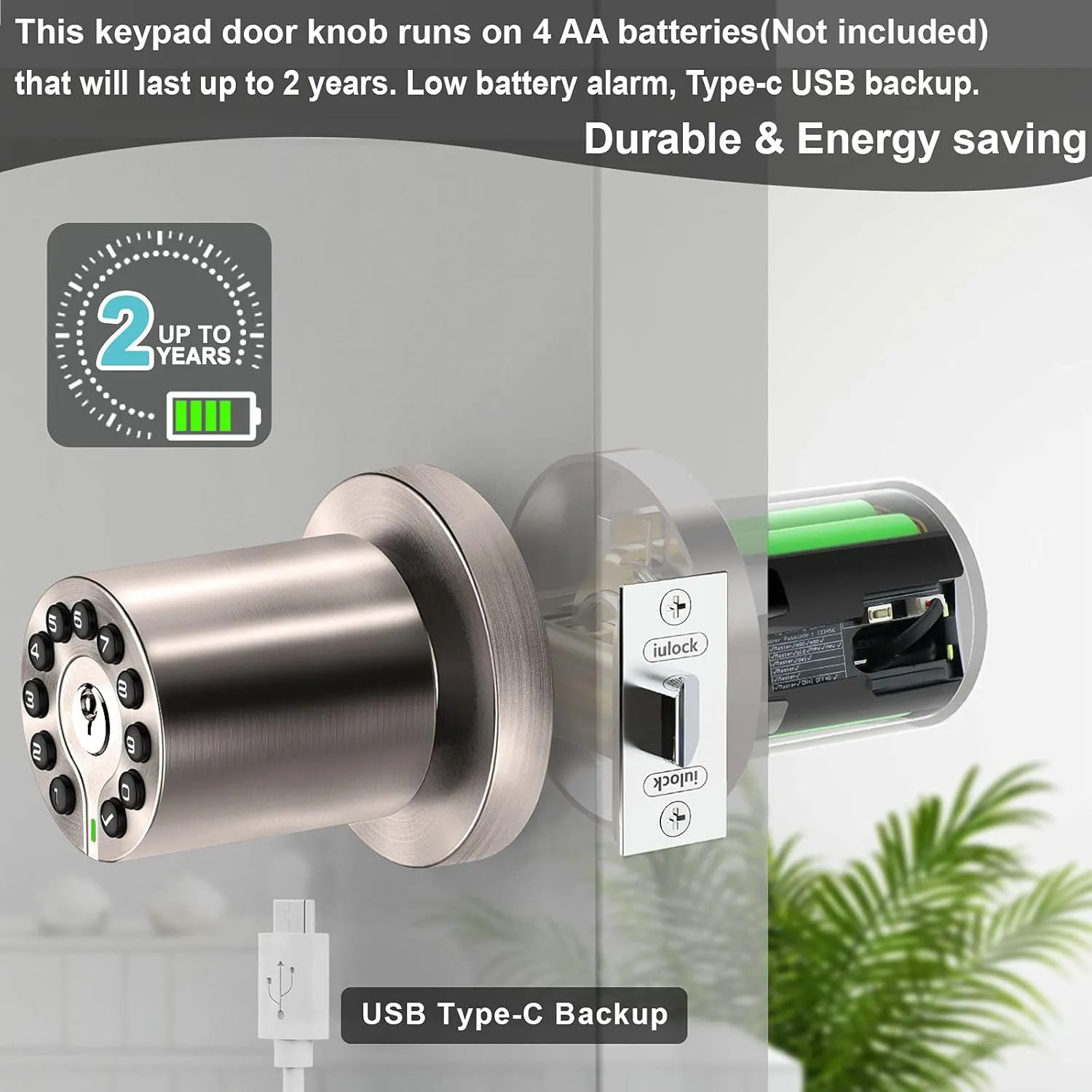 IU-20 Code Door Lock, Electronic Door Knob with Keypad and Same Key, Auto Lock, Waterproof, Passage Function, Long Battery Life, Easy to use and Install for Office/Warehouse/Bedroom/Garage