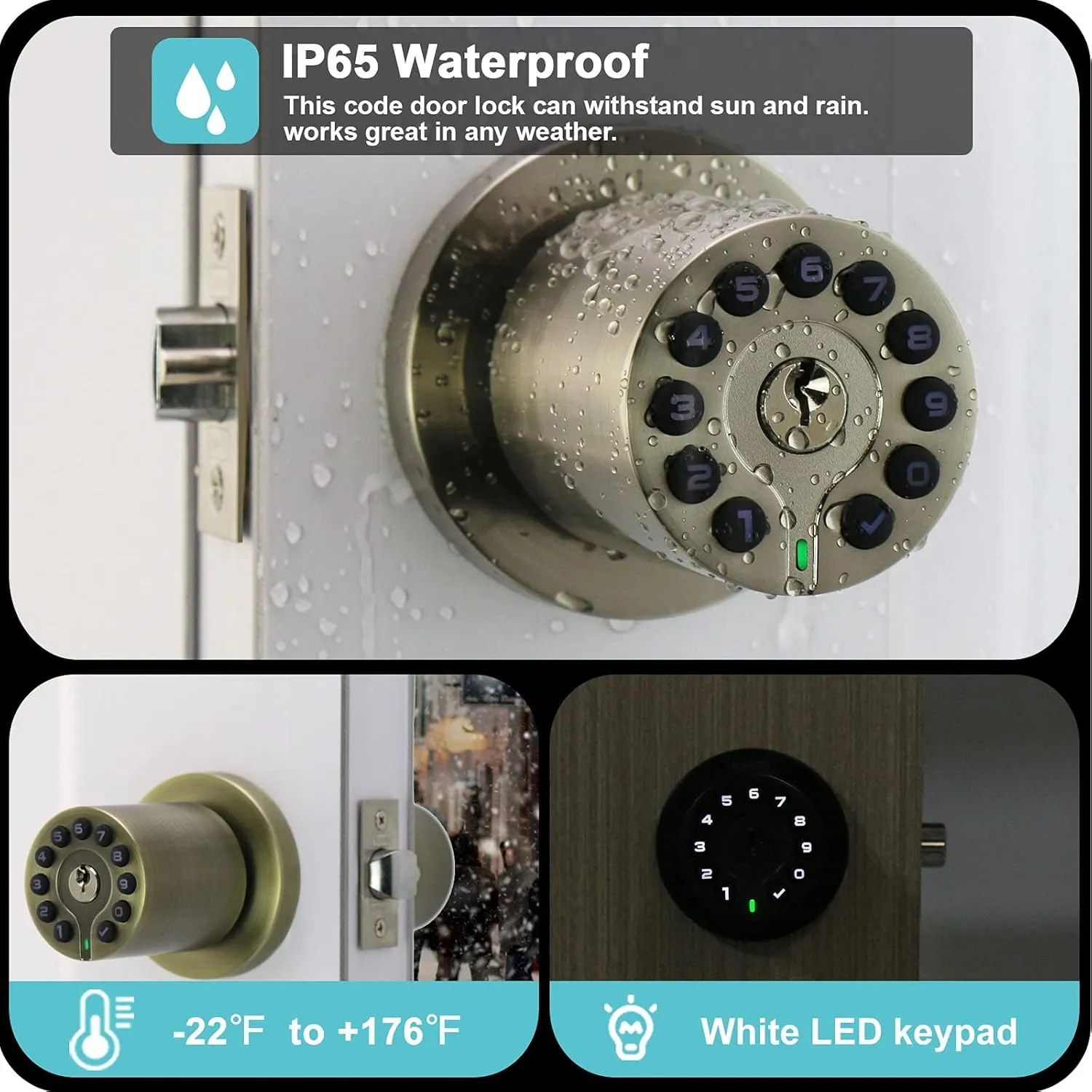 IU-20 Code Door Lock, Electronic Door Knob with Keypad and Same Key, Auto Lock, Waterproof, Passage Function, Long Battery Life, Easy to use and Install for Office/Warehouse/Bedroom/Garage