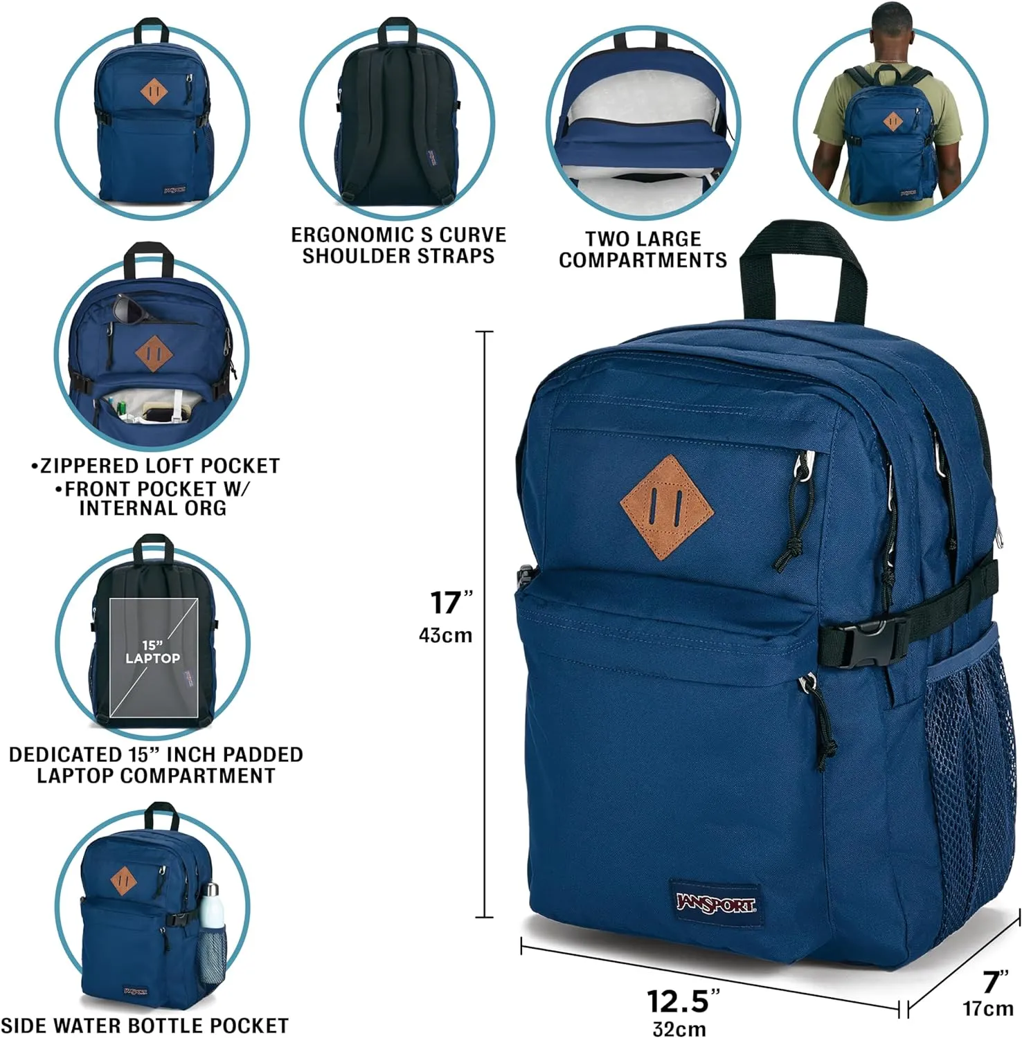 JanSport Main Campus Backpack - Travel or Work backpack w 15-Inch Laptop Sleeve and Dual Water Bottle Pockets, Black