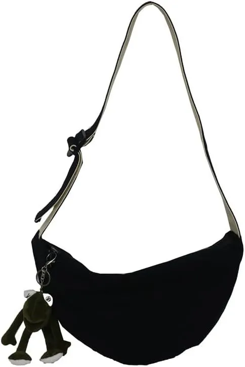 Japanese Grunge Hipper Canvas Crossbody Bag with Emo frog Pendent for men Dark Academic Aesthetic Shoulder Packs (black)