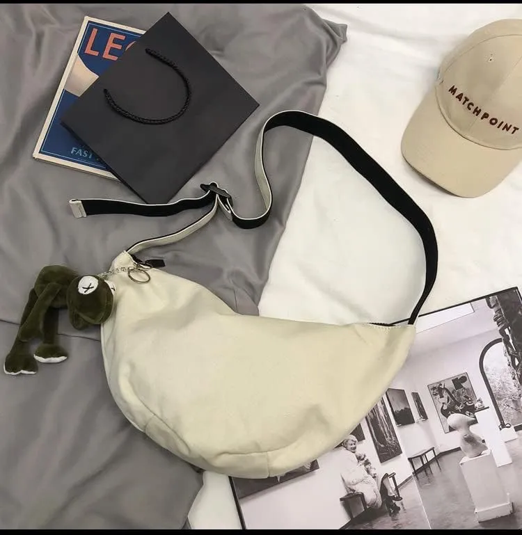 Japanese Grunge Hipper Canvas Crossbody Bag with Emo frog Pendent for men Dark Academic Aesthetic Shoulder Packs (white)
