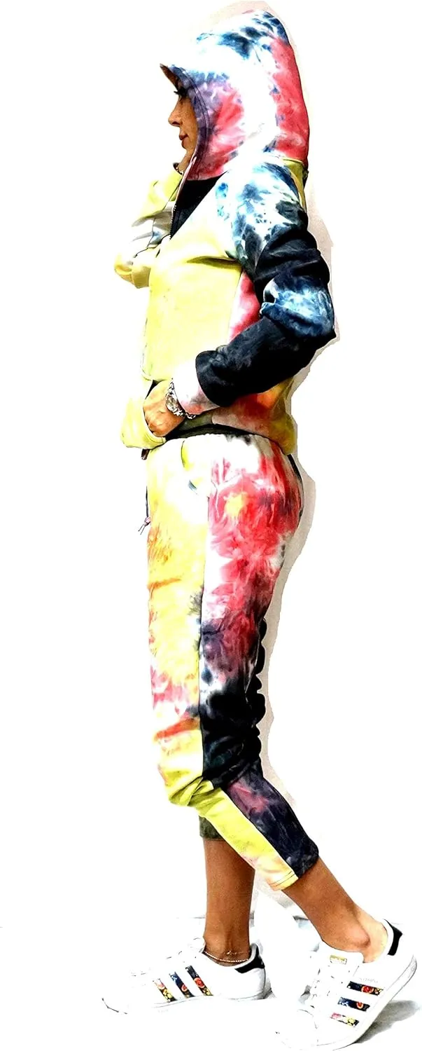 JEANS FOR LOVE Womens Casual 2 PCS Tracksuit Zip Up Hooded Sweatshirt Tie-dye Hoodies Pants Set