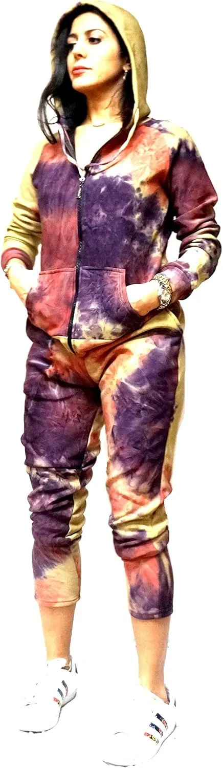 JEANS FOR LOVE Womens Casual 2 PCS Tracksuit Zip Up Hooded Sweatshirt Tie-dye Hoodies Pants Set