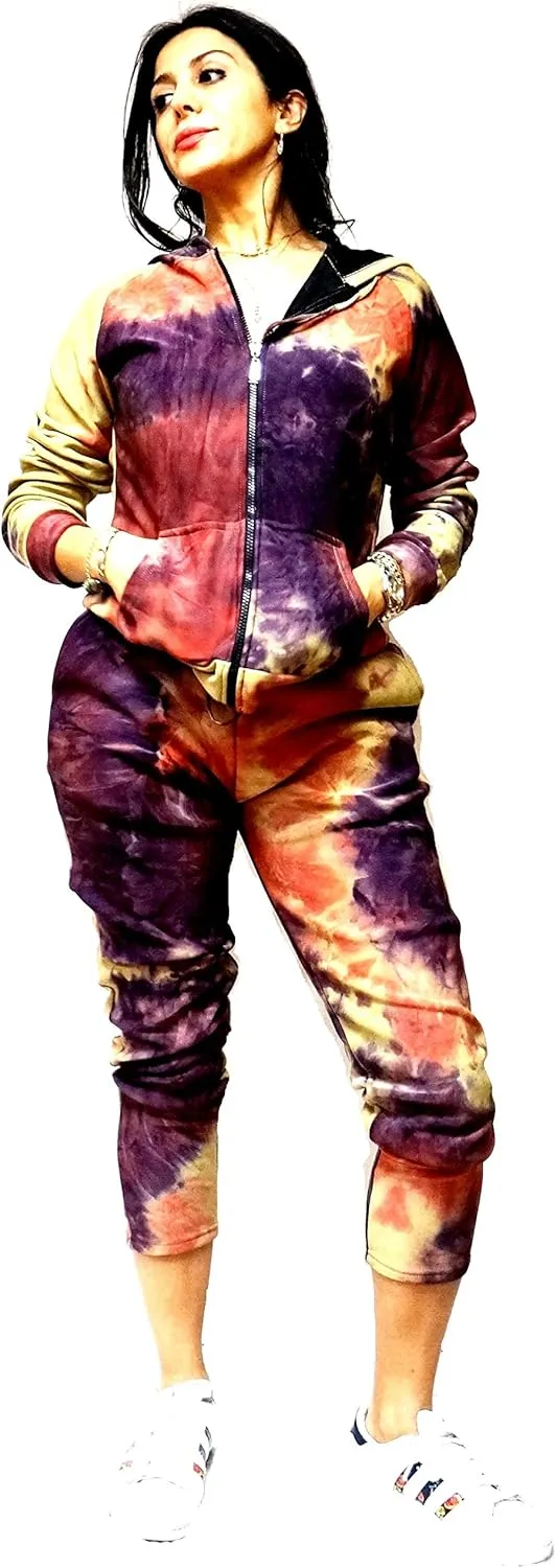 JEANS FOR LOVE Womens Casual 2 PCS Tracksuit Zip Up Hooded Sweatshirt Tie-dye Hoodies Pants Set