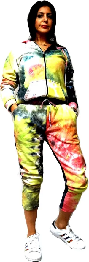 JEANS FOR LOVE Womens Casual 2 PCS Tracksuit Zip Up Hooded Sweatshirt Tie-dye Hoodies Pants Set