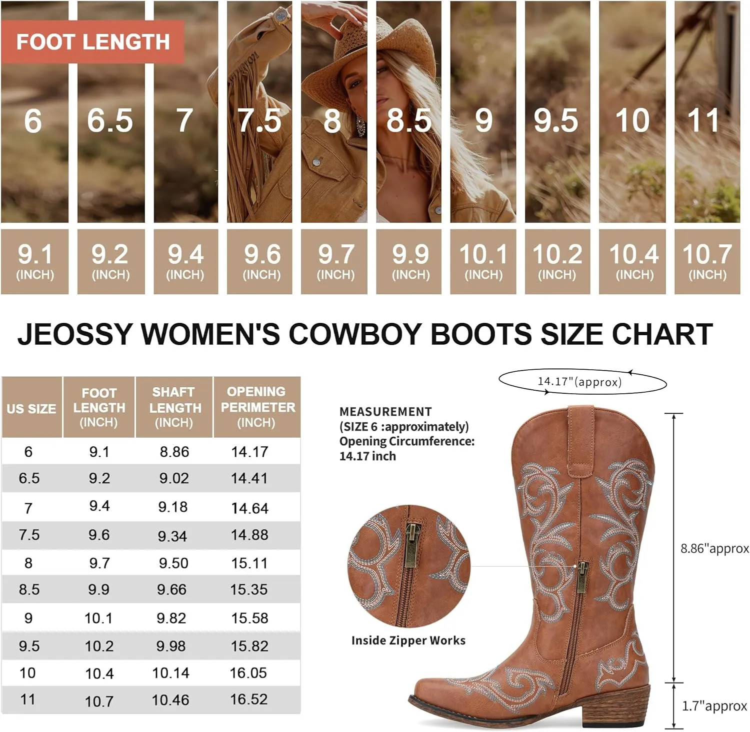 Jeossy 9808 Cowboy Boots for Women Wide Calf, Mid Calf Cowgirl Boots with Low Heel, Western Shoes with Side Zipper