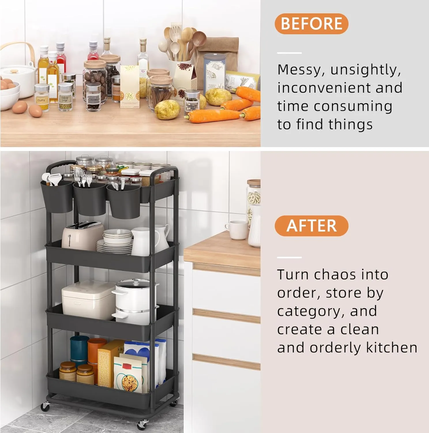 JIUYOTREE 4-Tier Plastic Rolling Storage Cart Utility Cart with Extra Hanging Cups Handles Lockable Wheels for Living Room Bathroom Kitchen Office Black