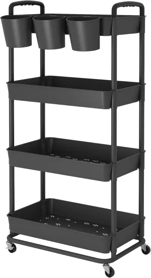 JIUYOTREE 4-Tier Plastic Rolling Storage Cart Utility Cart with Extra Hanging Cups Handles Lockable Wheels for Living Room Bathroom Kitchen Office Black