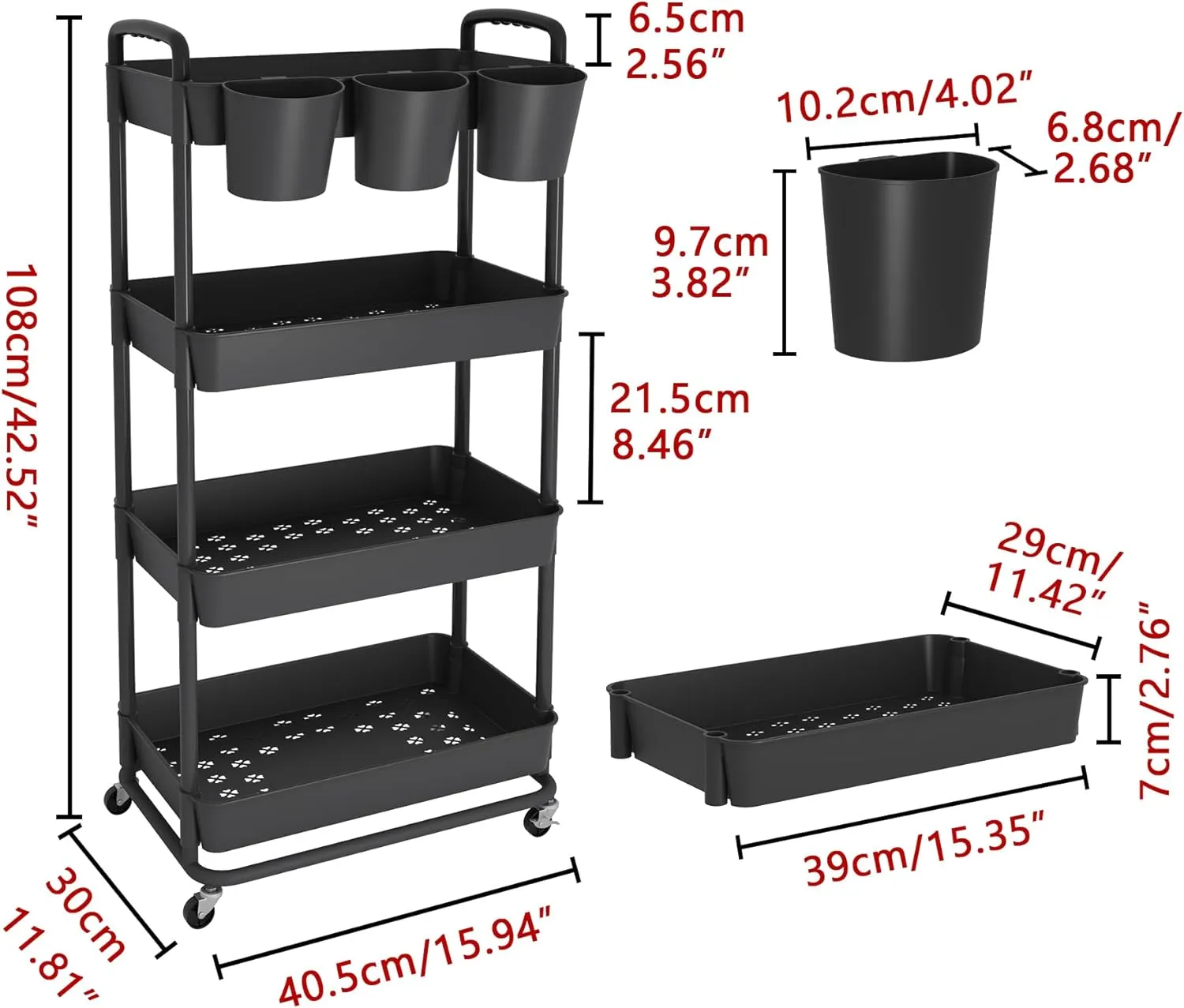 JIUYOTREE 4-Tier Plastic Rolling Storage Cart Utility Cart with Extra Hanging Cups Handles Lockable Wheels for Living Room Bathroom Kitchen Office Black
