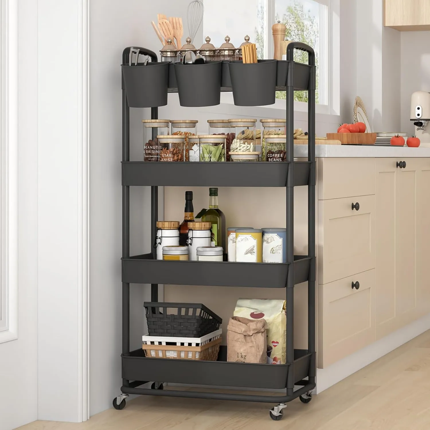 JIUYOTREE 4-Tier Plastic Rolling Storage Cart Utility Cart with Extra Hanging Cups Handles Lockable Wheels for Living Room Bathroom Kitchen Office Black