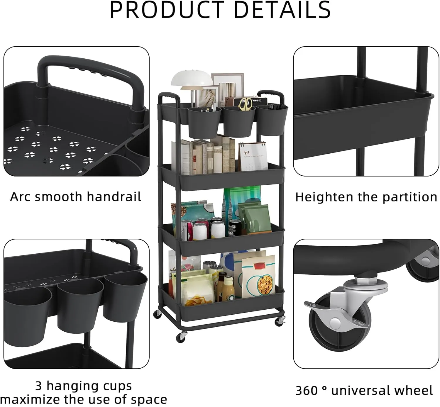 JIUYOTREE 4-Tier Plastic Rolling Storage Cart Utility Cart with Extra Hanging Cups Handles Lockable Wheels for Living Room Bathroom Kitchen Office Black