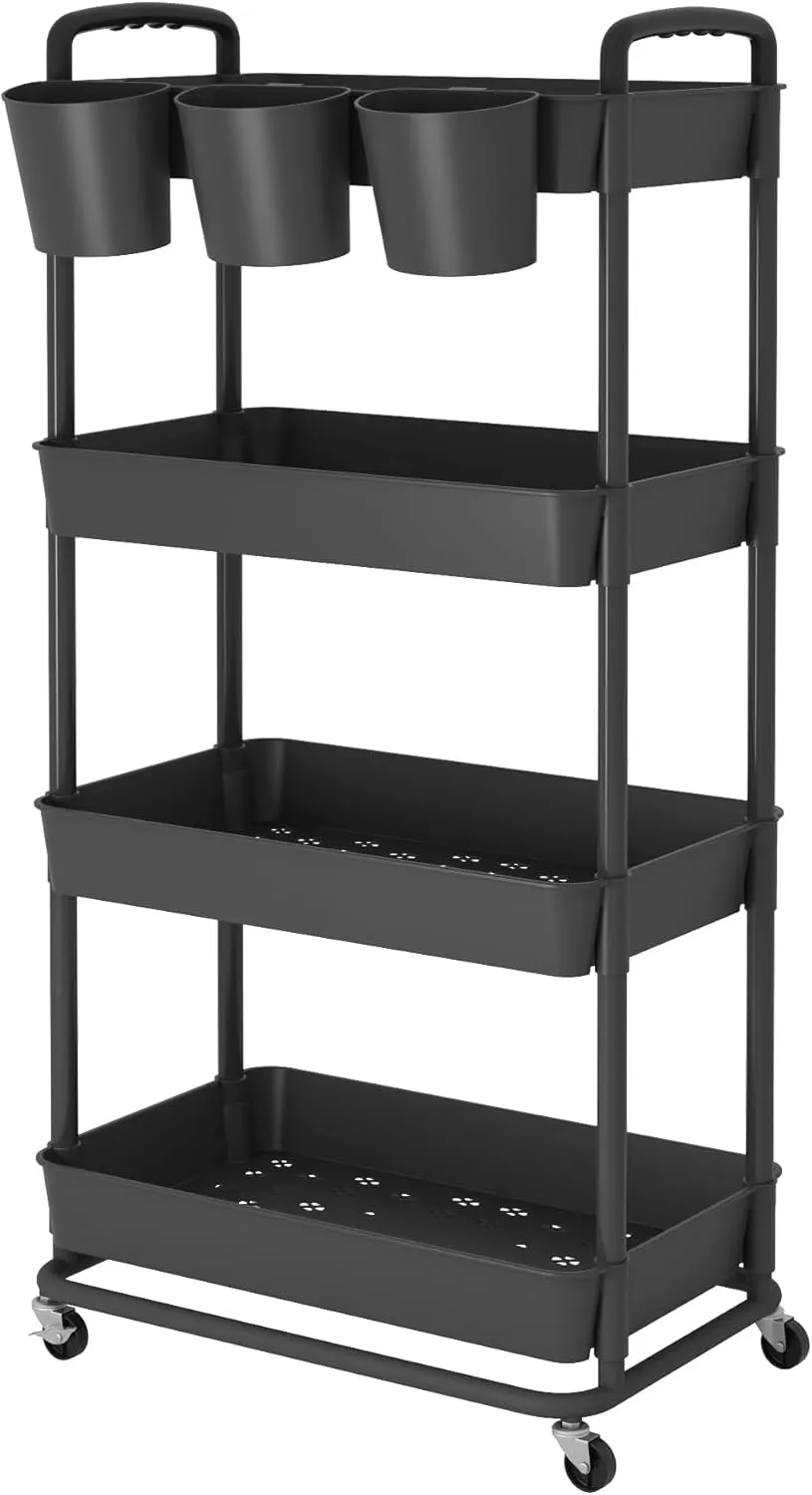 JIUYOTREE 4-Tier Plastic Rolling Storage Cart Utility Cart with Extra Hanging Cups Handles Lockable Wheels for Living Room Bathroom Kitchen Office Black