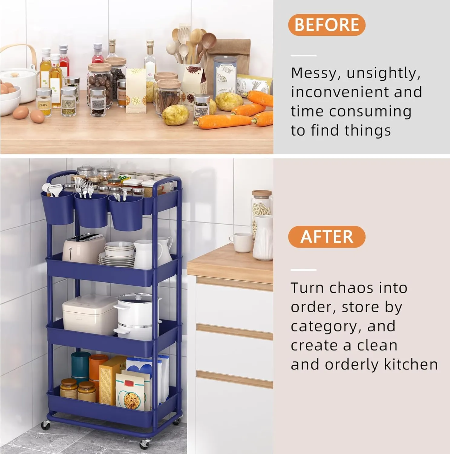 JIUYOTREE 4-Tier Plastic Rolling Storage Cart Utility Cart with Extra Hanging Cups Handles Lockable Wheels for Living Room Bathroom Kitchen Office Blue