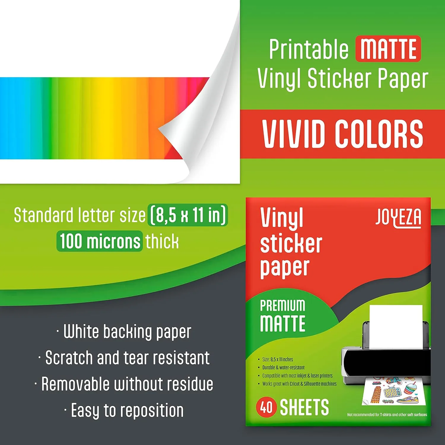 JOYEZA Premium Printable Vinyl Sticker Paper for Inkjet Printer - 40 Sheets Matte White Waterproof, Dries Quickly Vivid Colors, Holds Ink Well- Tear Resistant - Inkjet & Laser Printer