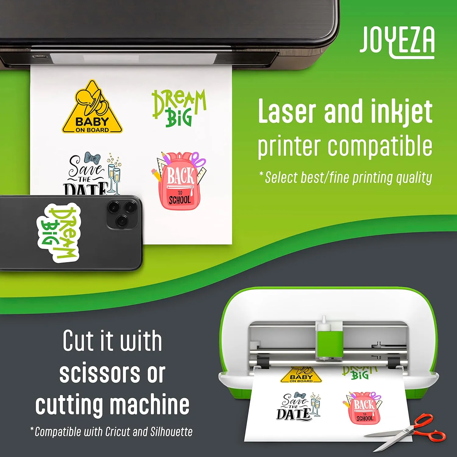 JOYEZA Premium Printable Vinyl Sticker Paper for Inkjet Printer - 40 Sheets Matte White Waterproof, Dries Quickly Vivid Colors, Holds Ink Well- Tear Resistant - Inkjet & Laser Printer