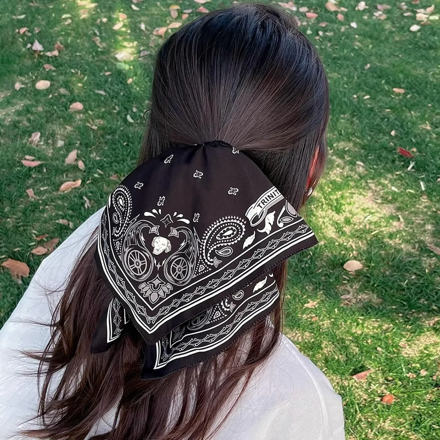 Jseng Large Square Hair Scrunchies - Classic Boho Pattern - Elastic Hair Ties Bands Hair Scrunchy Ponytail Holder for Women - Spirted and Unruly, 3PCs Vintage Brown, Blue and Black