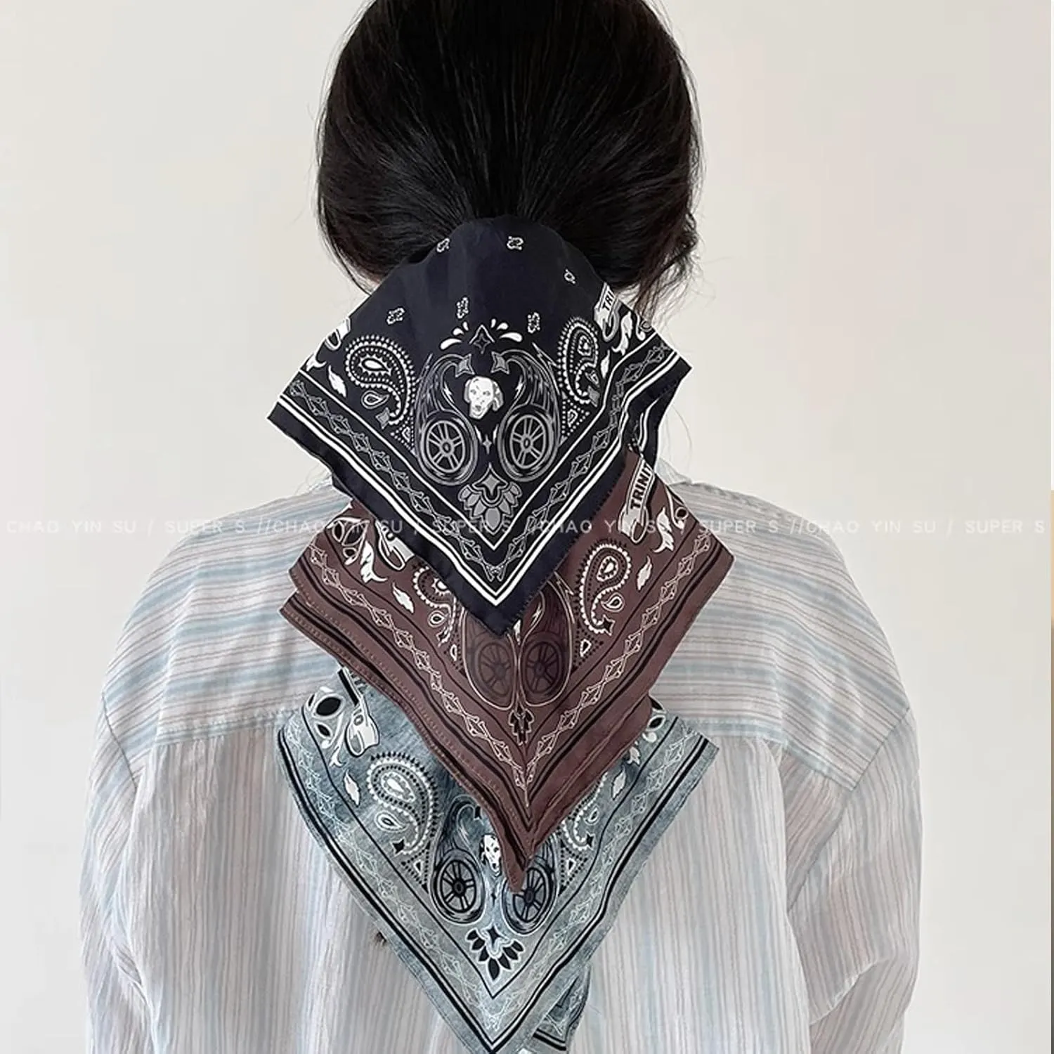 Jseng Large Square Hair Scrunchies - Classic Boho Pattern - Elastic Hair Ties Bands Hair Scrunchy Ponytail Holder for Women - Spirted and Unruly, 3PCs Vintage Brown, Blue and Black