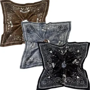 Jseng Large Square Hair Scrunchies - Classic Boho Pattern - Elastic Hair Ties Bands Hair Scrunchy Ponytail Holder for Women - Spirted and Unruly, 3PCs Vintage Brown, Blue and Black