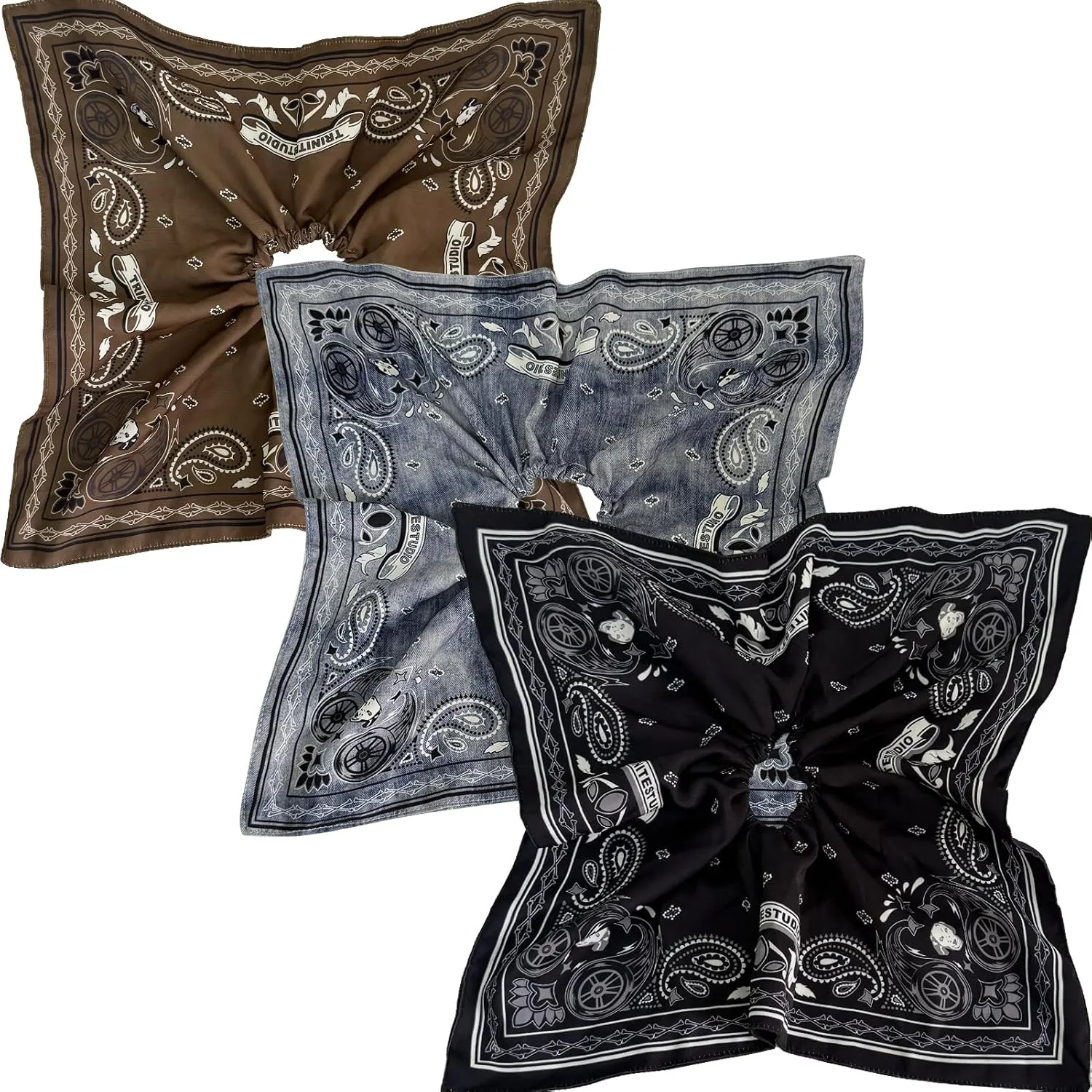 Jseng Large Square Hair Scrunchies - Classic Boho Pattern - Elastic Hair Ties Bands Hair Scrunchy Ponytail Holder for Women - Spirted and Unruly, 3PCs Vintage Brown, Blue and Black