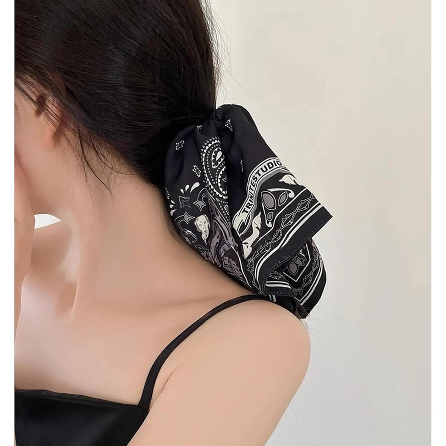 Jseng Large Square Hair Scrunchies - Classic Boho Pattern - Elastic Hair Ties Bands Hair Scrunchy Ponytail Holder for Women - Spirted and Unruly, 3PCs Vintage Brown, Blue and Black
