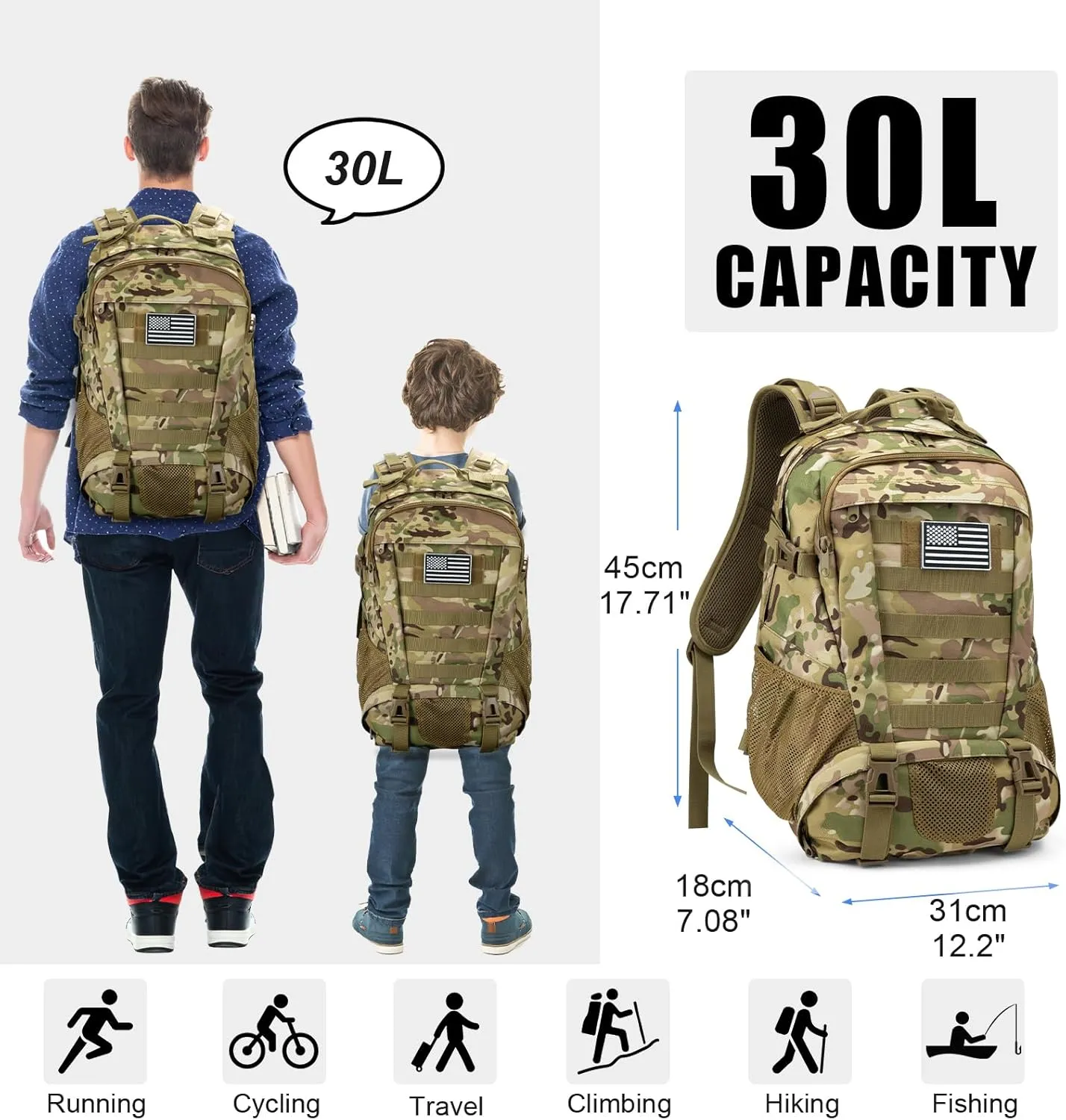 Jueachy Tactical Backpack for Men Hiking Day Pack Molle Military Rucksack Waterproof 30L EDC Bag with USA Flag Patch